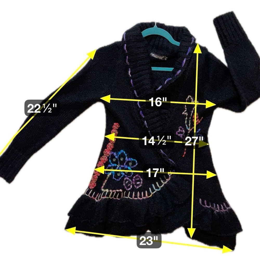 Forla Paris Sweater Black Wool Blend Floral Applique Ruffle Boho Grungy Medium - Picture 7 of 10